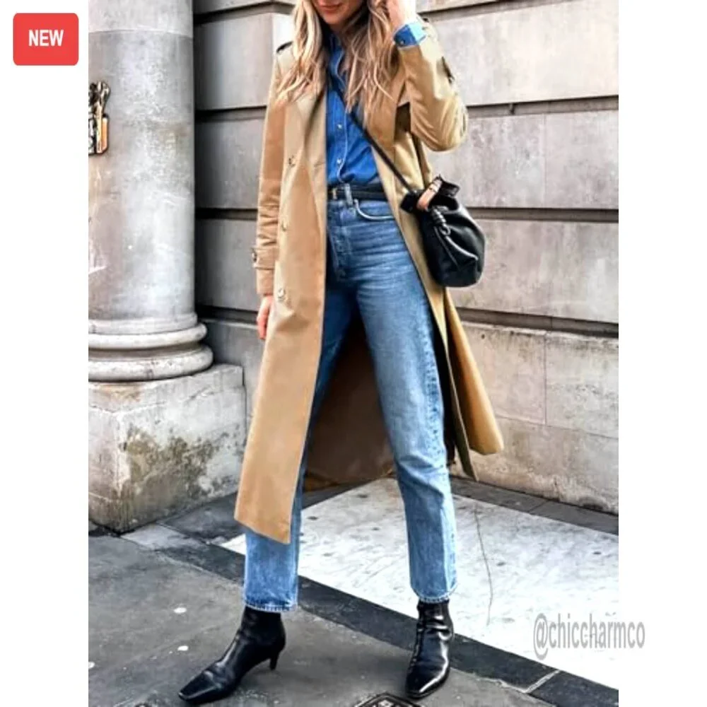 Long Trench Coat Double Breasted Classic Lapel Overcoat with Belt - Picture 5 of 7